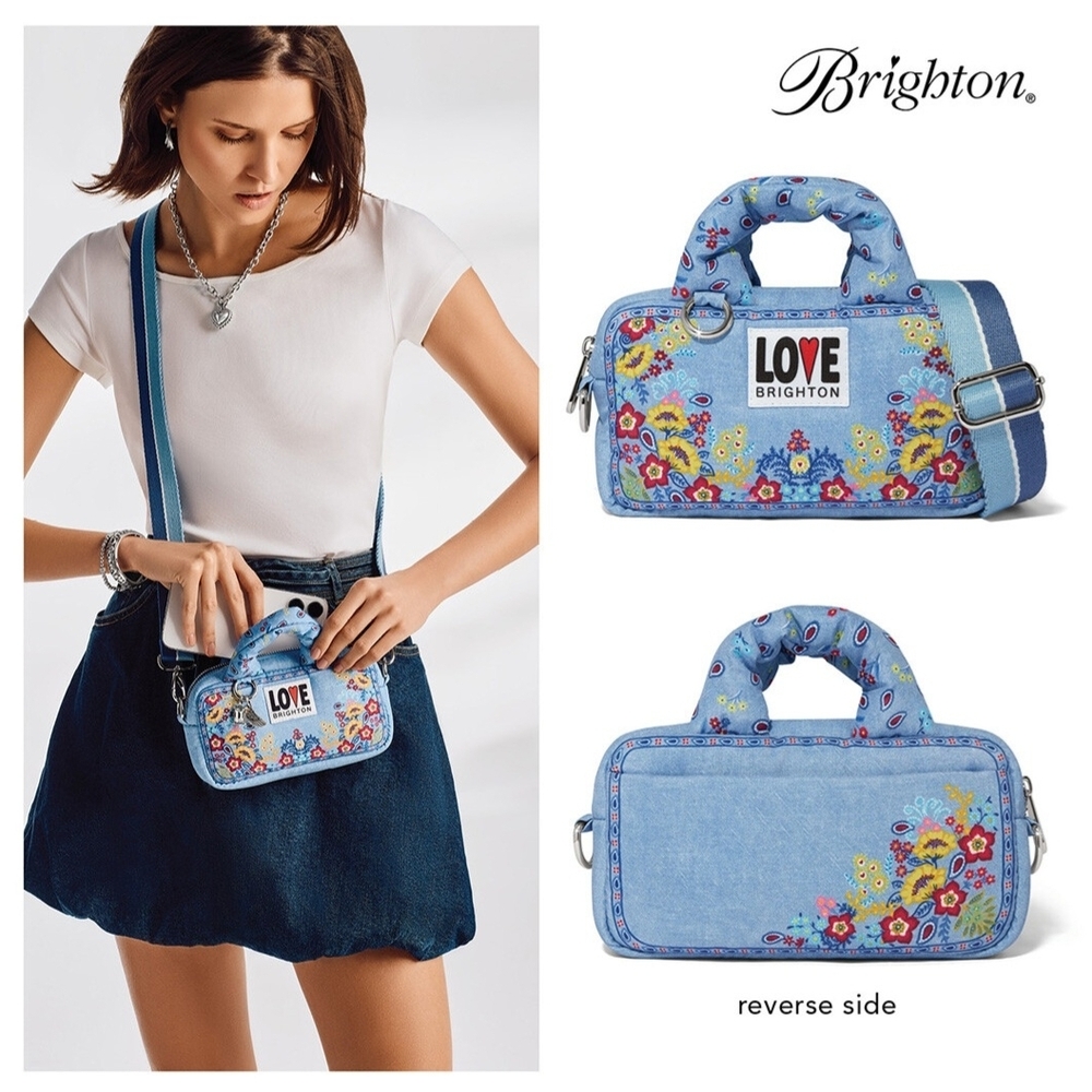 Brighton LOVE Floral Denim Crossbody Bag Blue Gift With Purchase Rare